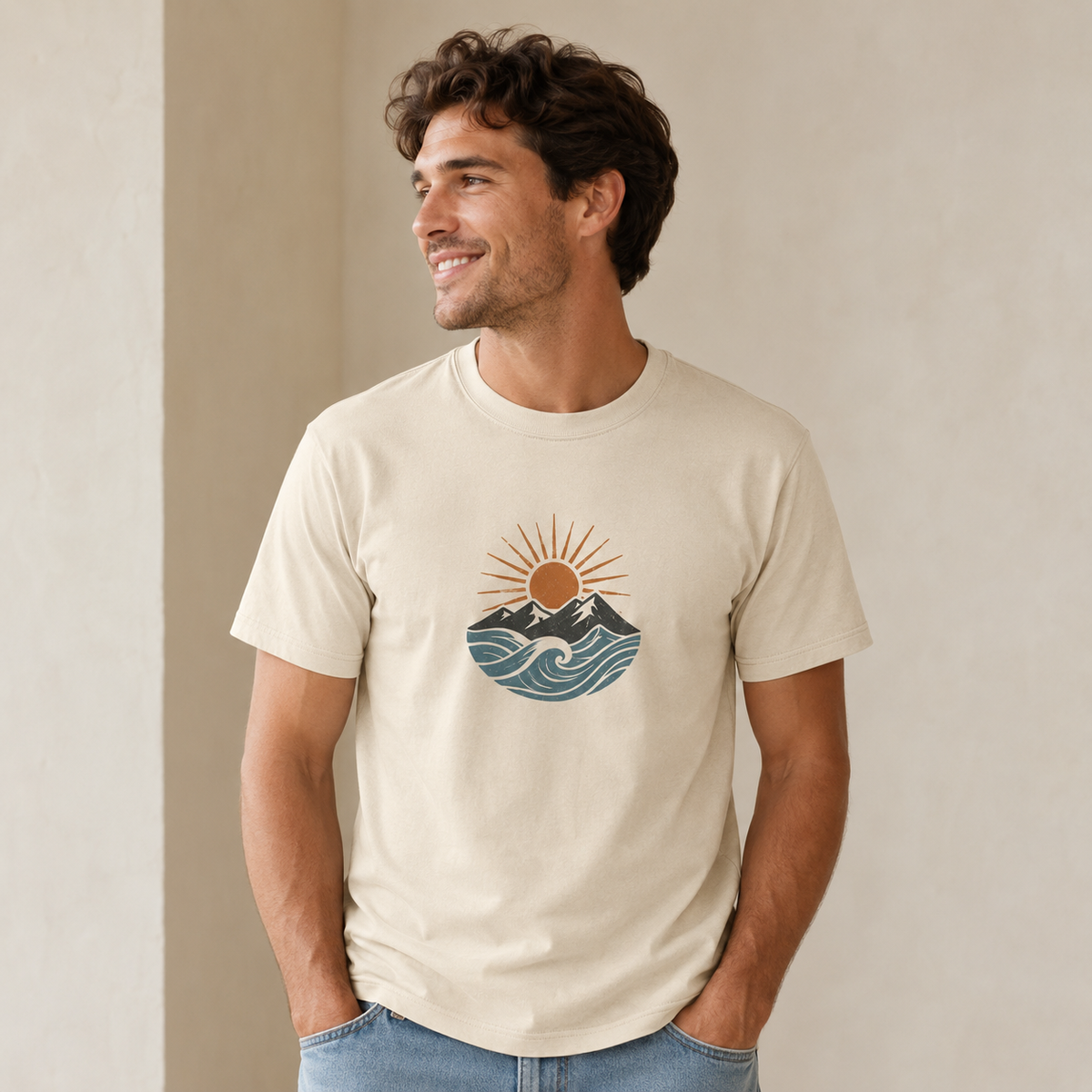 Retro Sunset Mountain Ocean Wave Graphic T-Shirt, Beige Short Sleeve Tee, Vintage Nature Print Shirt, Casual Summer Top, Soft Everyday Streetwear Tee, Minimal Outdoor Inspired Unisex Shirt
