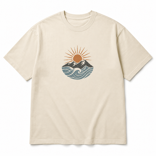 Retro Sunset Mountain Ocean Wave Graphic T-Shirt, Beige Short Sleeve Tee, Vintage Nature Print Shirt, Casual Summer Top, Soft Everyday Streetwear Tee, Minimal Outdoor Inspired Unisex Shirt