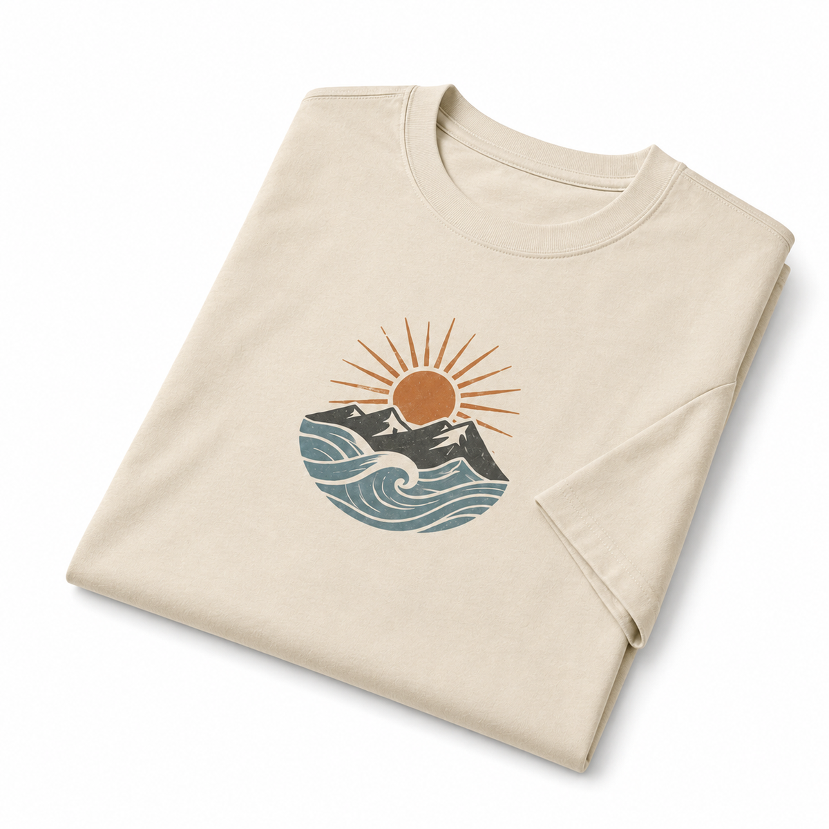 Retro Sunset Mountain Ocean Wave Graphic T-Shirt, Beige Short Sleeve Tee, Vintage Nature Print Shirt, Casual Summer Top, Soft Everyday Streetwear Tee, Minimal Outdoor Inspired Unisex Shirt