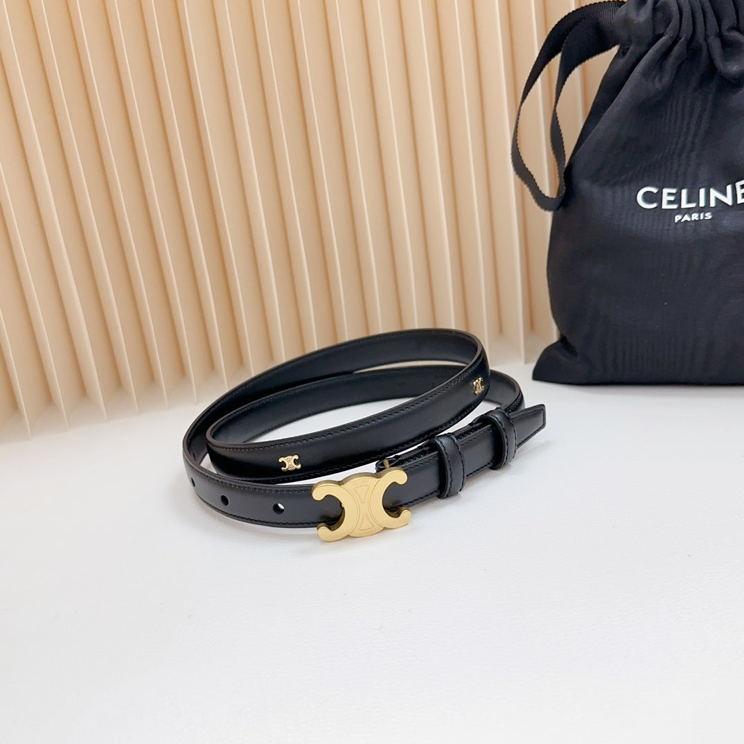 Triomphe Belt 18mm Black Calfskin Gold Buckle Logo Motif Attached