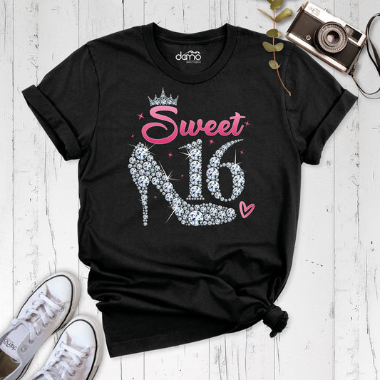 Sweet 16 Birthday Shirt, Queen Sixteen Party Tshirt, Shoes Girls Celebration Tee, Custom Age Outfit, Cute Heart Teenager Birthday Crew Shirt