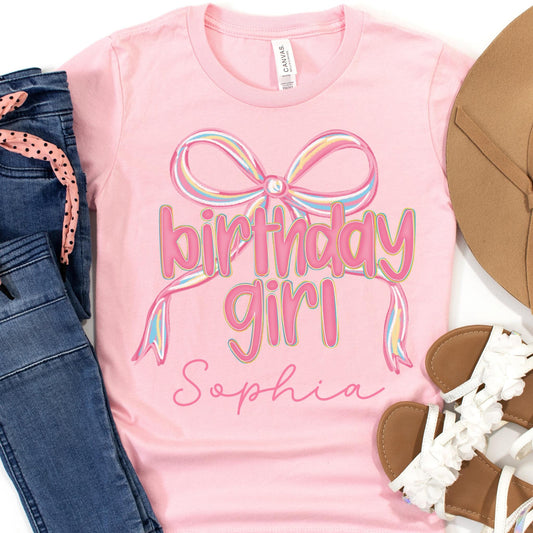 Personalized Birthday Girl Preppy Girls Shirt, Coquette Bow Bday Party Tee, Gift for Birthday Girl, Preppy Birthday Girlie Party T-Shirt