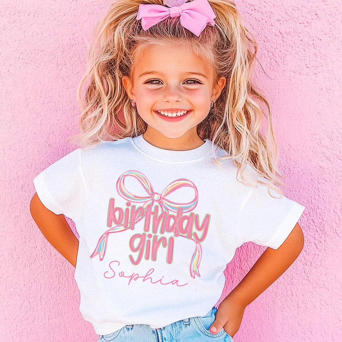 Personalized Birthday Girl Preppy Girls Shirt, Coquette Bow Bday Party Tee, Gift for Birthday Girl, Preppy Birthday Girlie Party T-Shirt