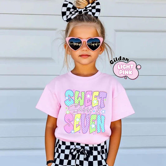 Sweet Sassy and Seven Girls shirt, Custom Girl Birthday Party Tee, 7-Year-Old Birthday Gift, Birthday Shirt for Seven-Year-Old Girl